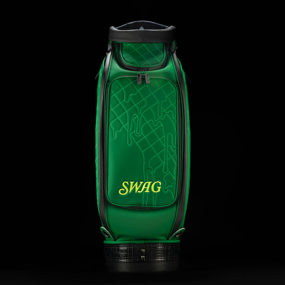 SWAG Golf green quilted melt skull tour staff golf bag with faux croc details.