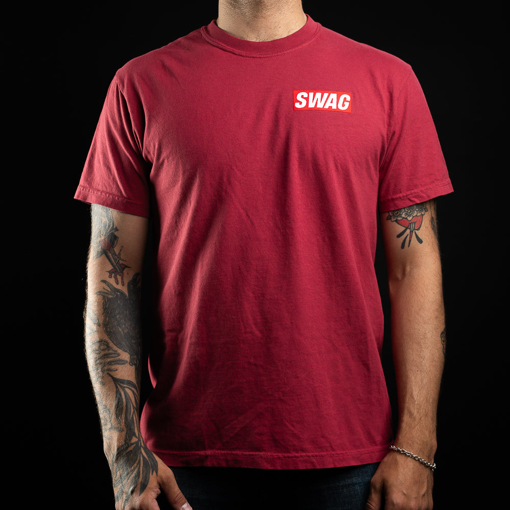 Red short sleeve men's graphic t-shirt with King and SWAG on the front and back.
