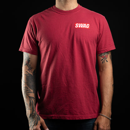 Red short sleeve men's graphic t-shirt with King and SWAG on the front and back.