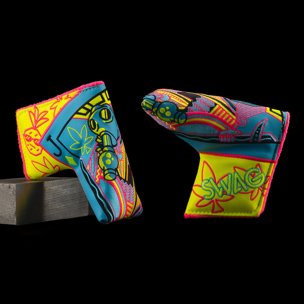 SWAG Golf Royal Highness Jack Pineapple Express blue and yellow blade putter golf headcover.