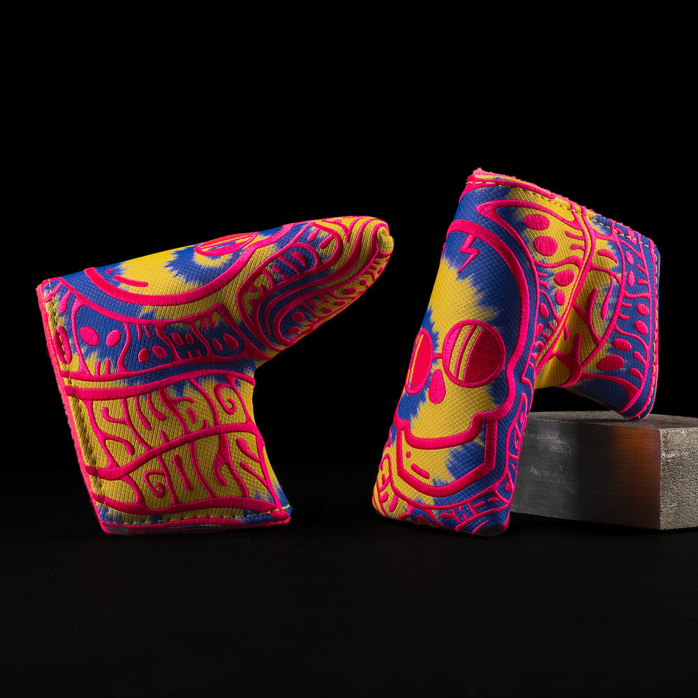 SWAG Golf blue, yellow and pink psychedelic skull tie-dye blade putter golf headcover made in the USA.