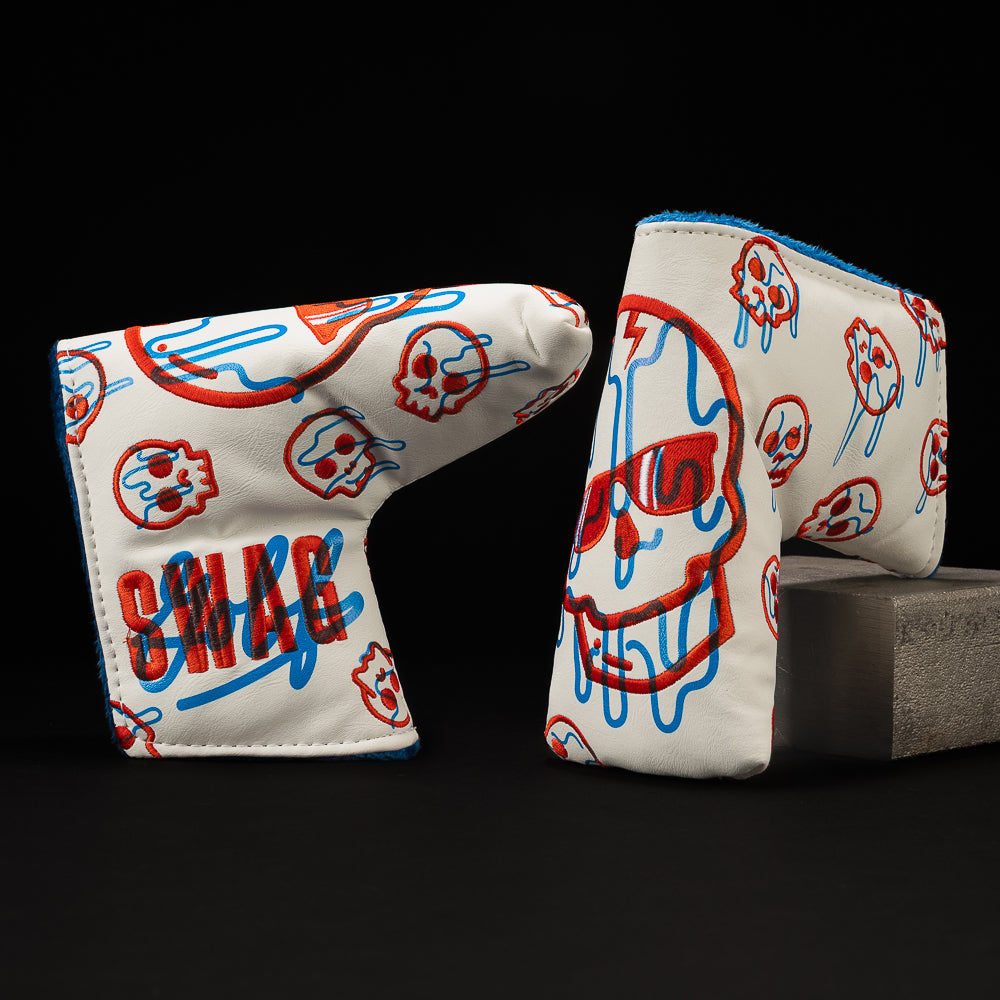 SWAG Golf 3D dripping skull white, red, and blue blade golf headcover.