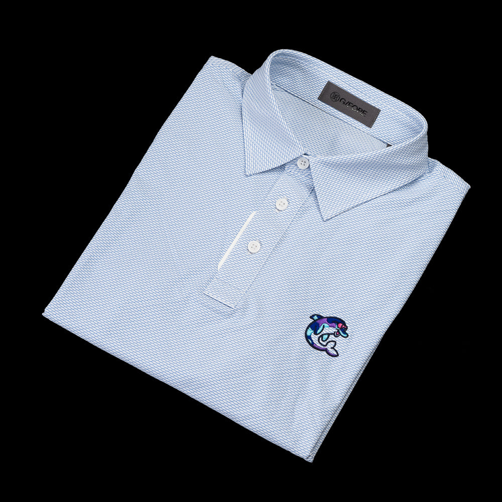 SWAG Golf x G/Fore men's jacquard short sleeve blue golf polo shirt with flipper logo over the left chest.