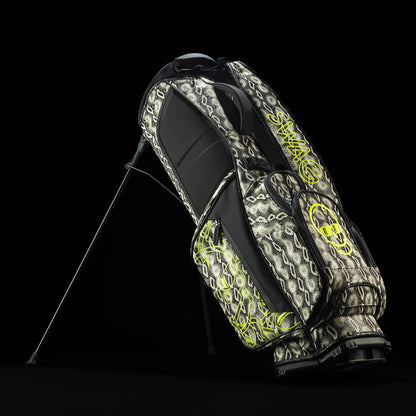 SWAG Golf faux snakeskin black, grey, and neon yellow golf stand bag.