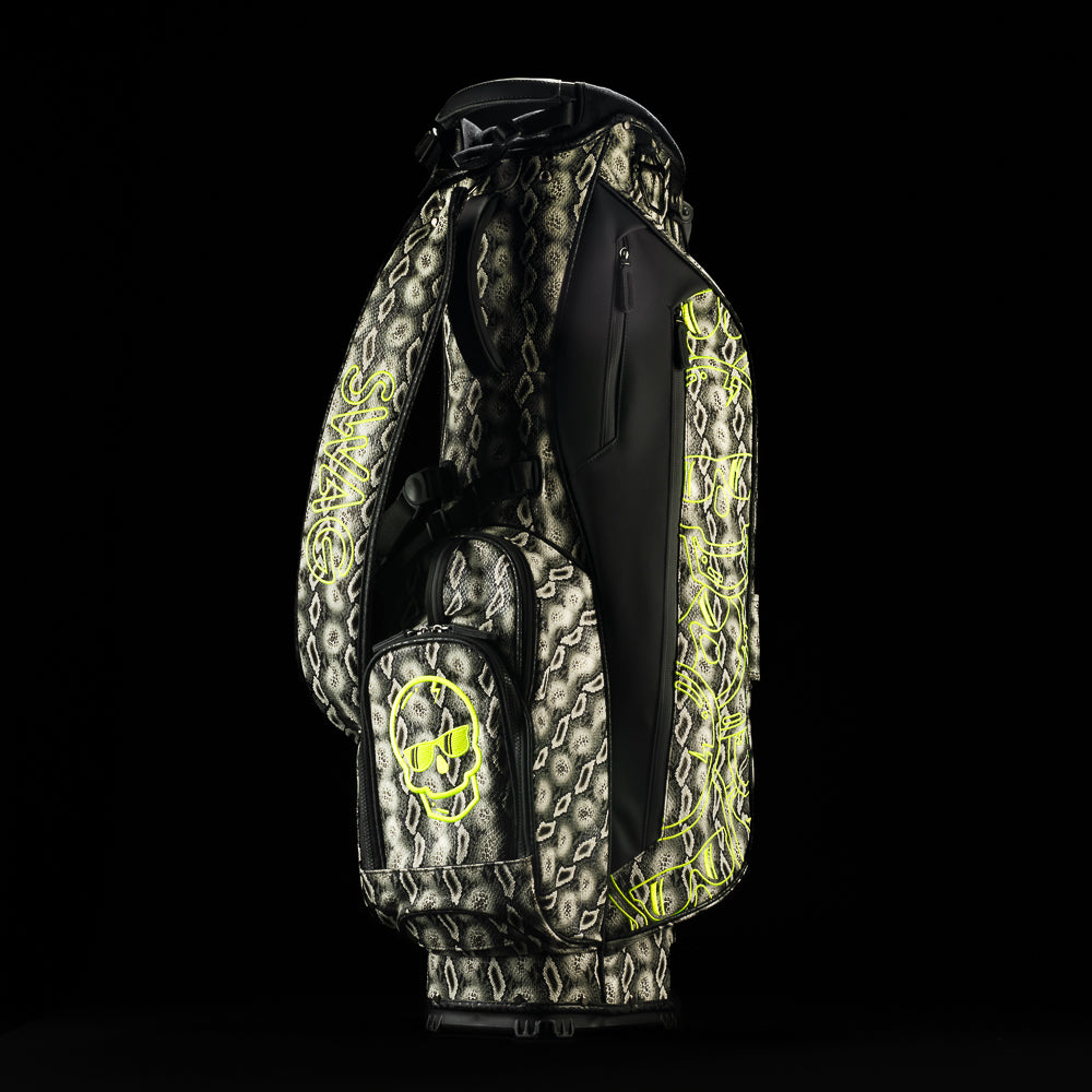 SWAG Golf faux snakeskin black, grey, and neon yellow golf stand bag.