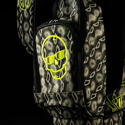 SWAG Golf faux snakeskin black, grey, and neon yellow golf stand bag.