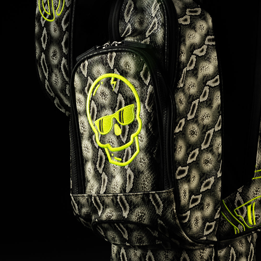 SWAG Golf faux snakeskin black, grey, and neon yellow golf stand bag.