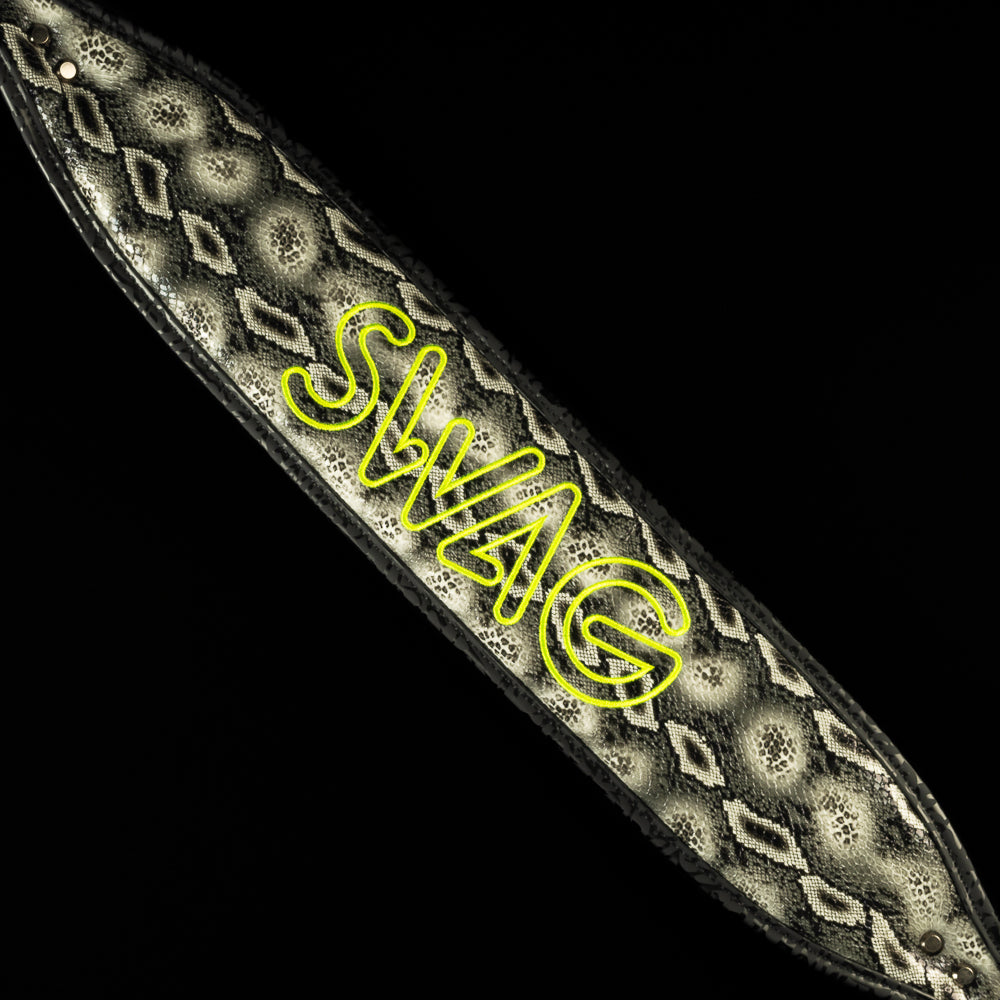 SWAG Golf faux snakeskin black, grey, and neon yellow golf stand bag.