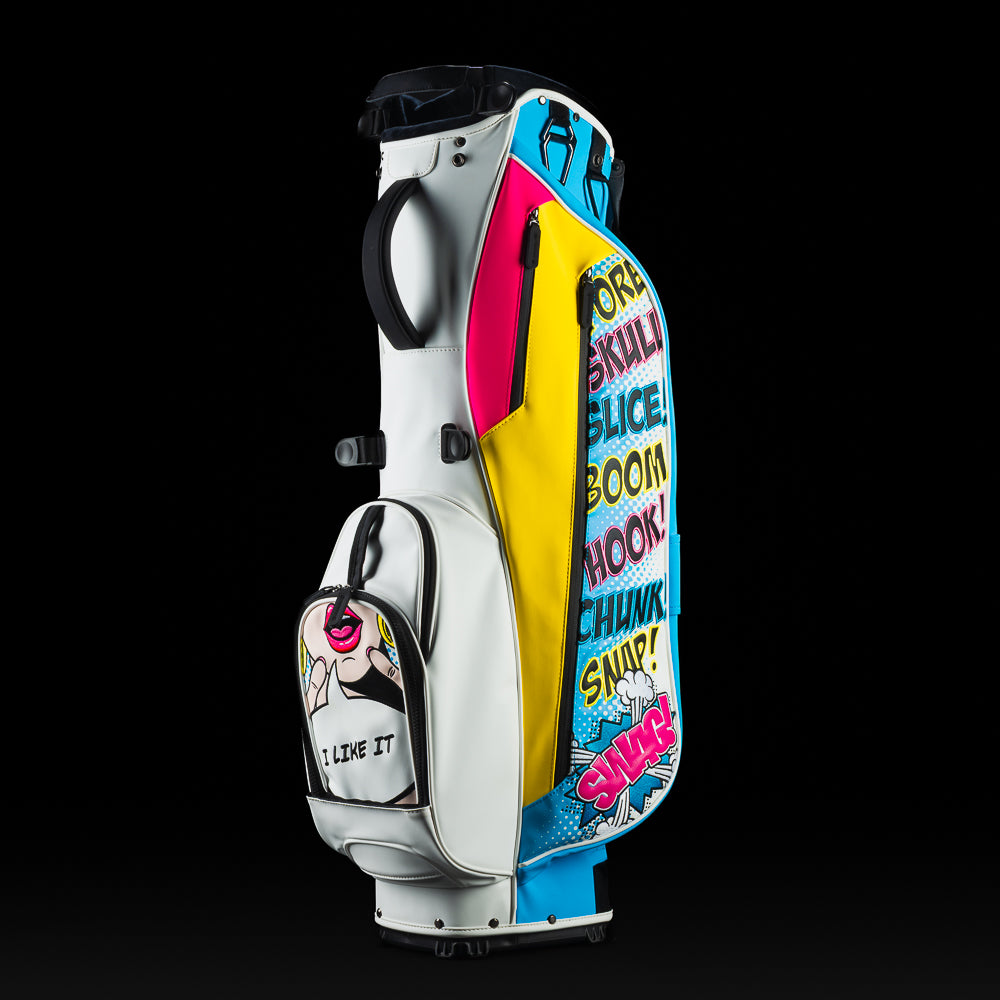 SWAG Golf Swagatha white, blue, and pink golf stand bag.