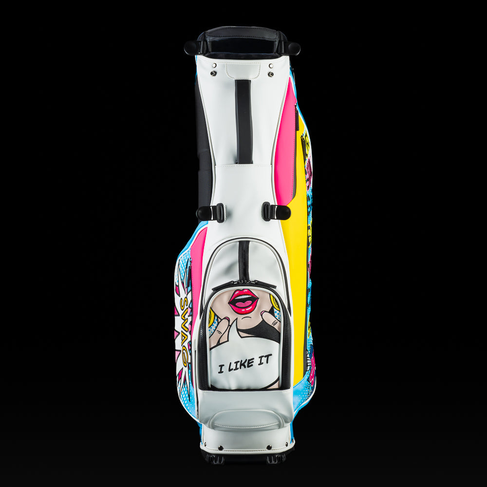 SWAG Golf Swagatha white, blue, and pink golf stand bag.
