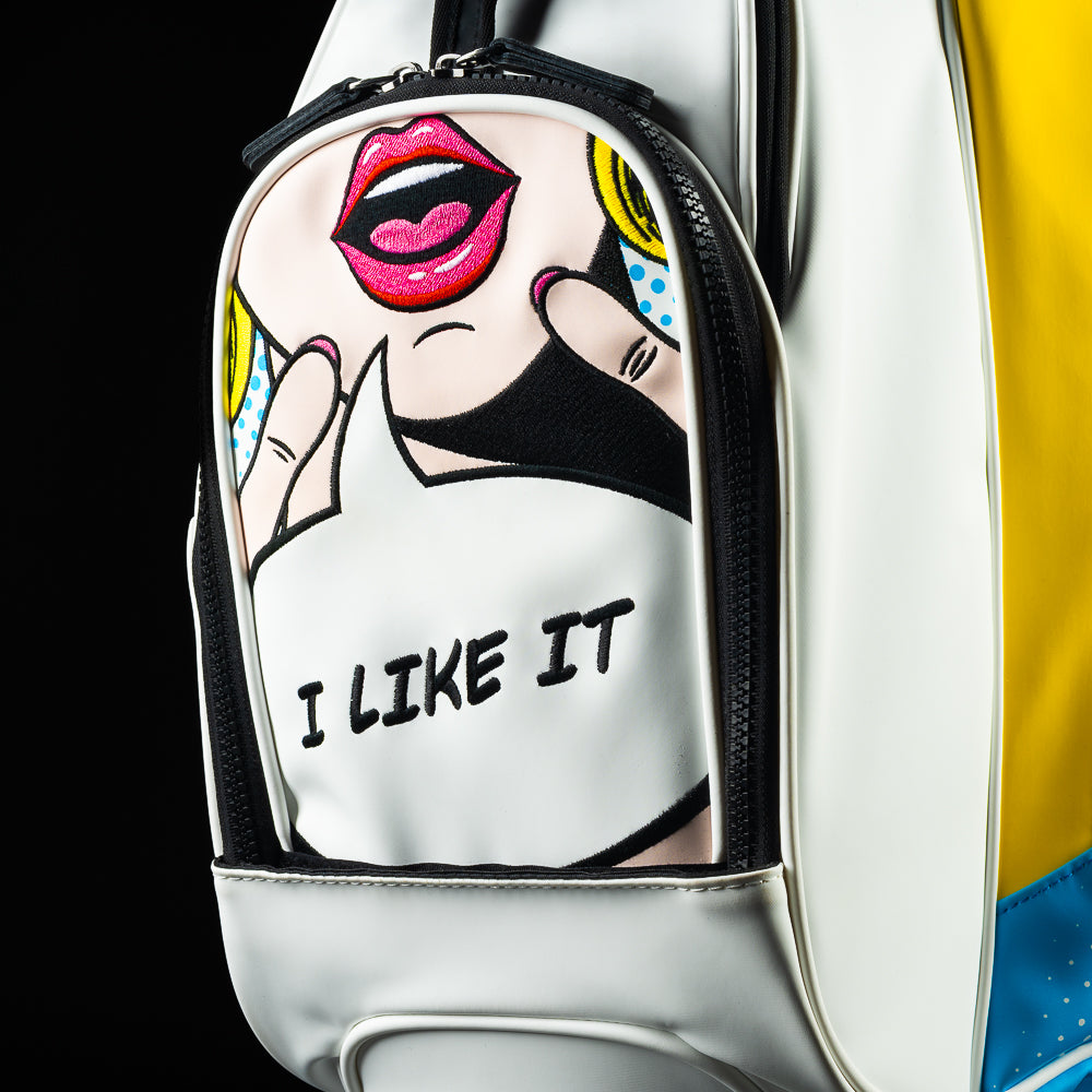 SWAG Golf Swagatha white, blue, and pink golf stand bag.