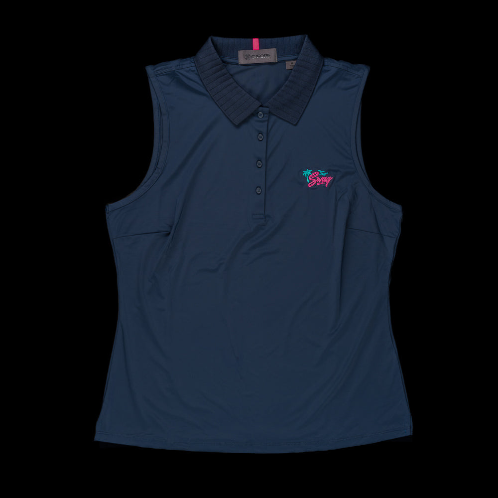 SWAG Golf x G/Fore women's navy pleated collar sleeveless nylon performance golf polo.