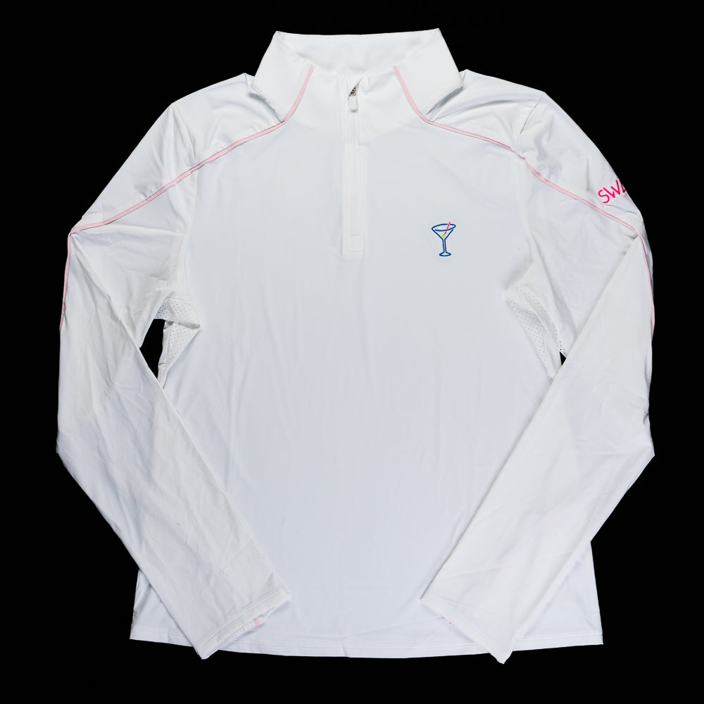 SWAG Golf x G/Fore Women's white long-sleeve nylon tech quarter zip pullover with martini graphic on the left chest.