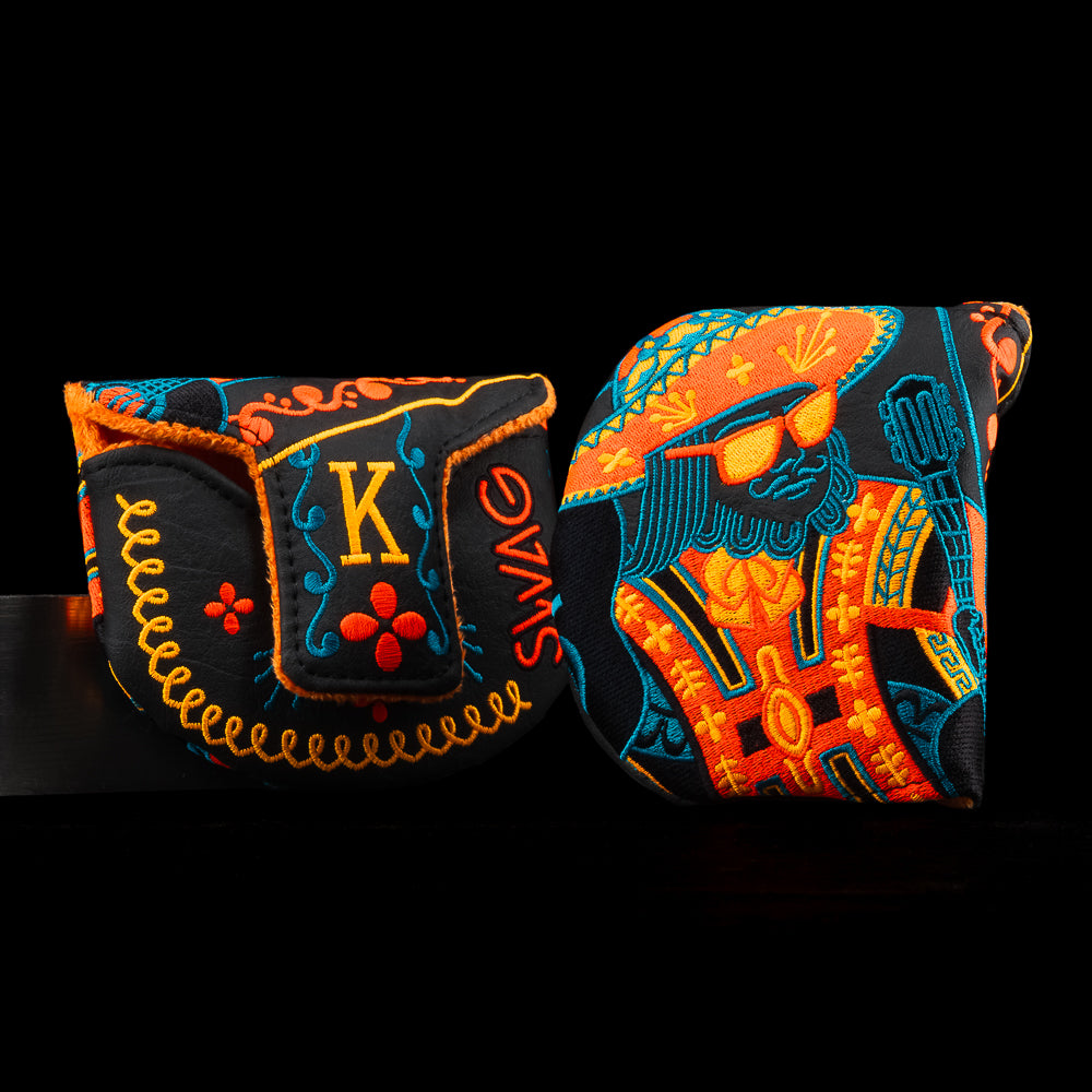 SWAG Golf Mariachi King black, orange, and blue cinco de mayo mid-mallet golf headcover.