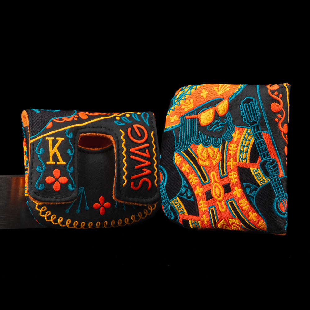SWAG Golf Mariachi King black, orange, and blue cinco de mayo center shaft mallet golf headcover.