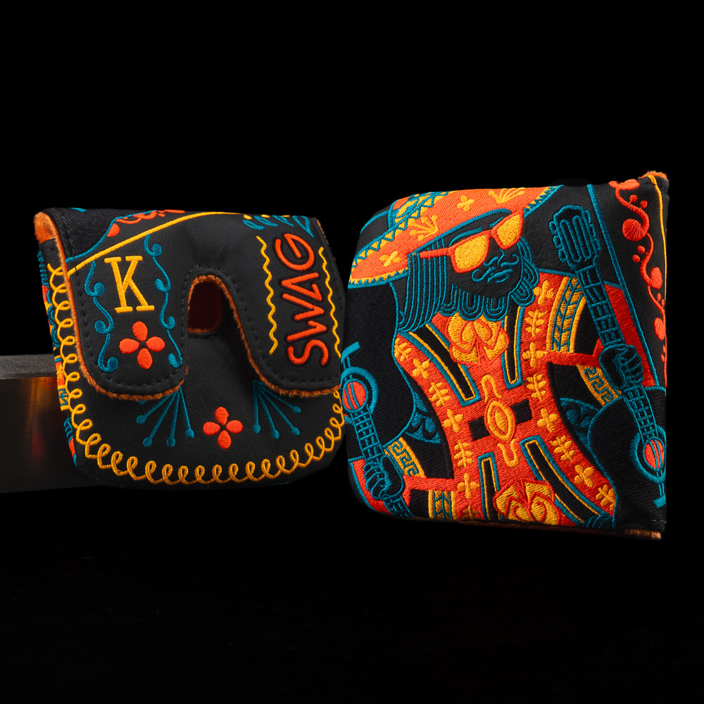 SWAG Golf Mariachi King black, orange, and blue cinco de mayo themed XL center shaft mallet golf headcover.