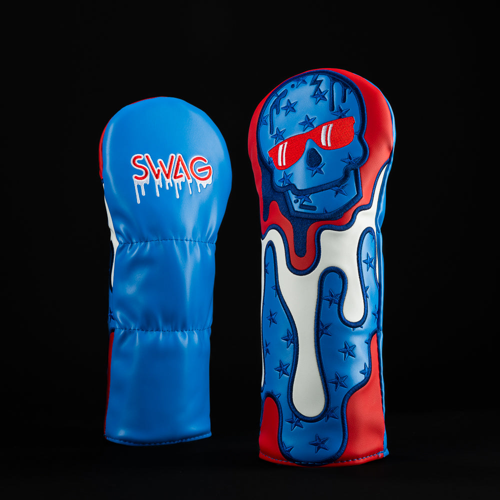 SWAG Golf American 3D Drip skull red, white, and blue 4th of July themed fairway wood golf headcover.