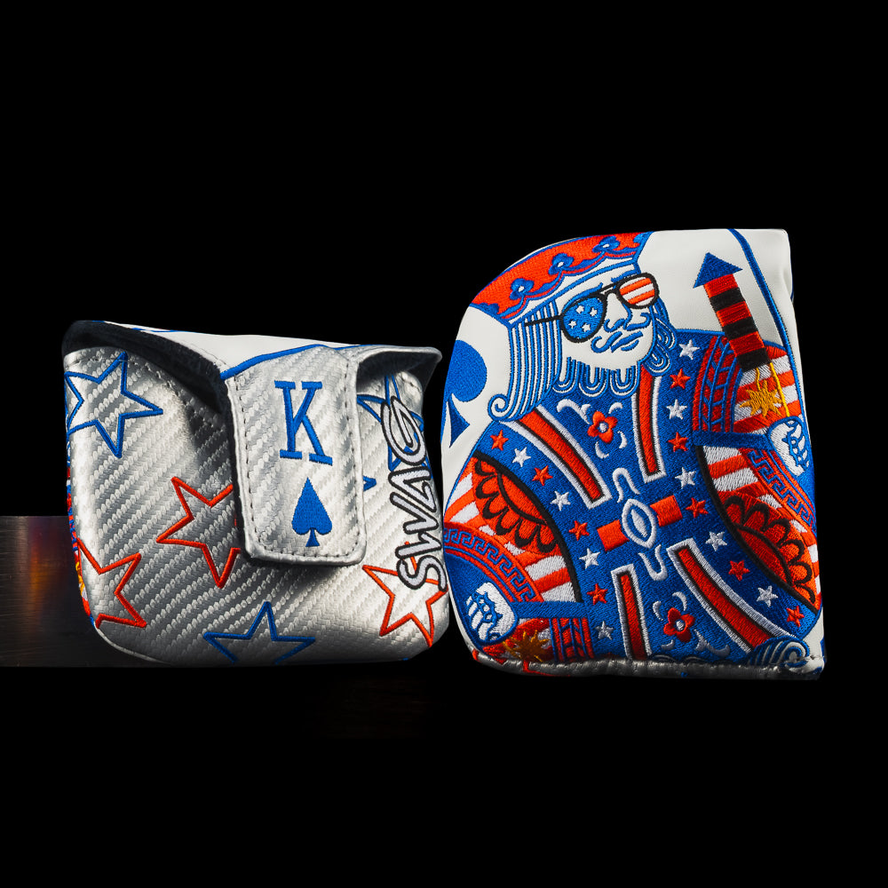 SWAG Golf King of Fireworks silver, red, and blue mallet putter golf headcover.