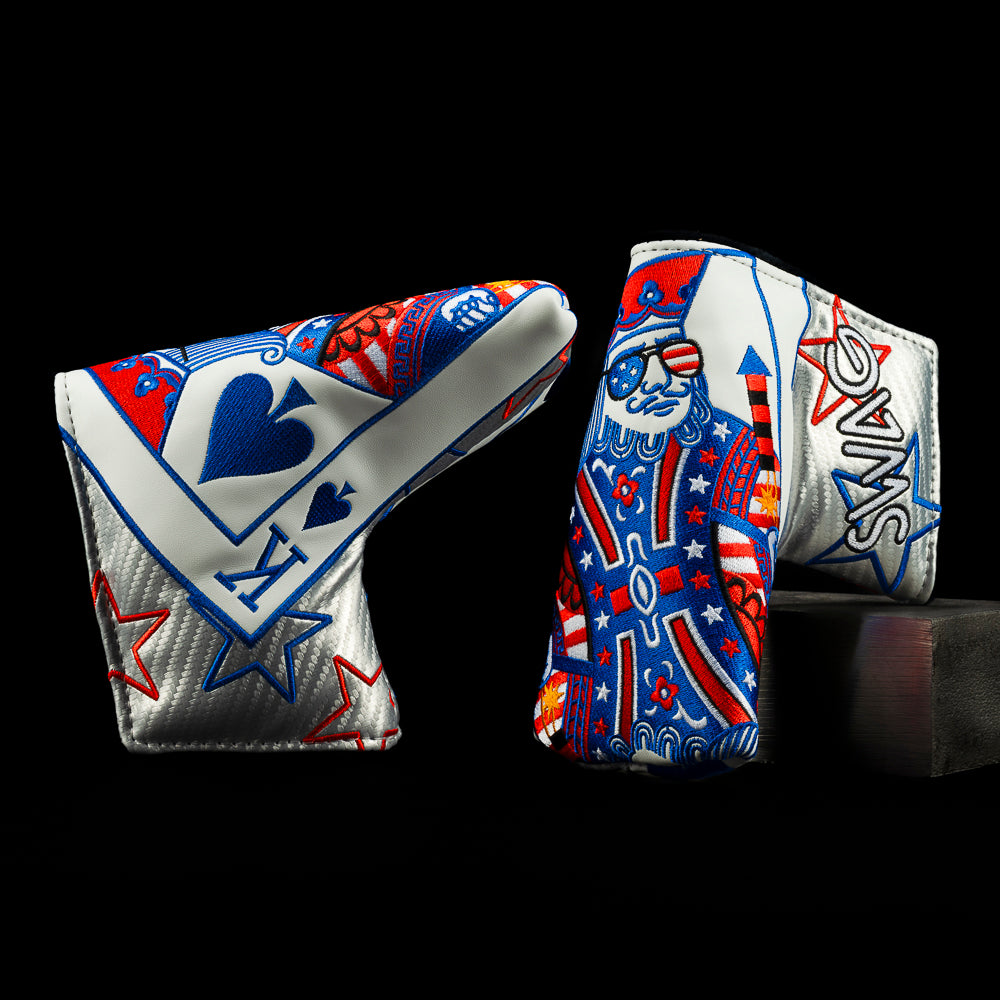King of SWAG fireworks themed red, white, and blue blade putter golf headcover.