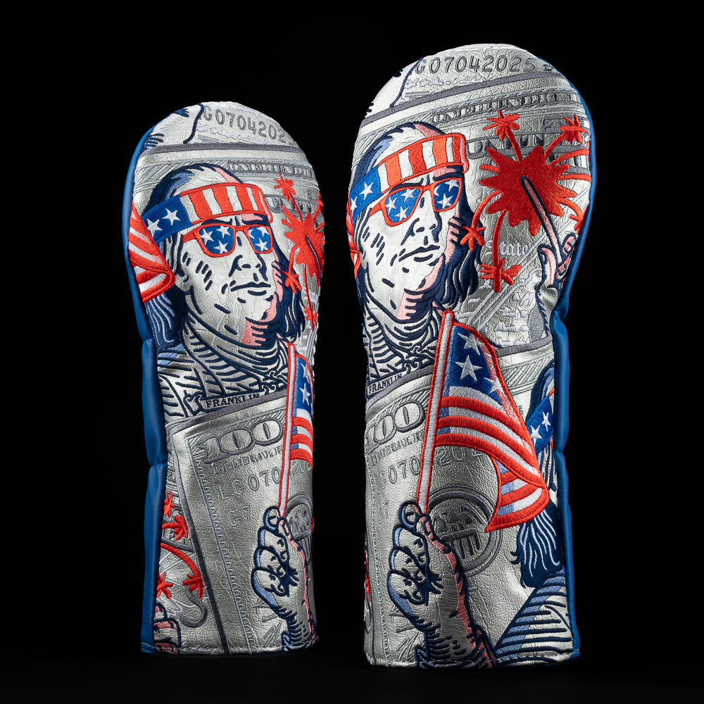 Patriotic Ben silver, red, and blue 4th of July themed driver golf headcover.