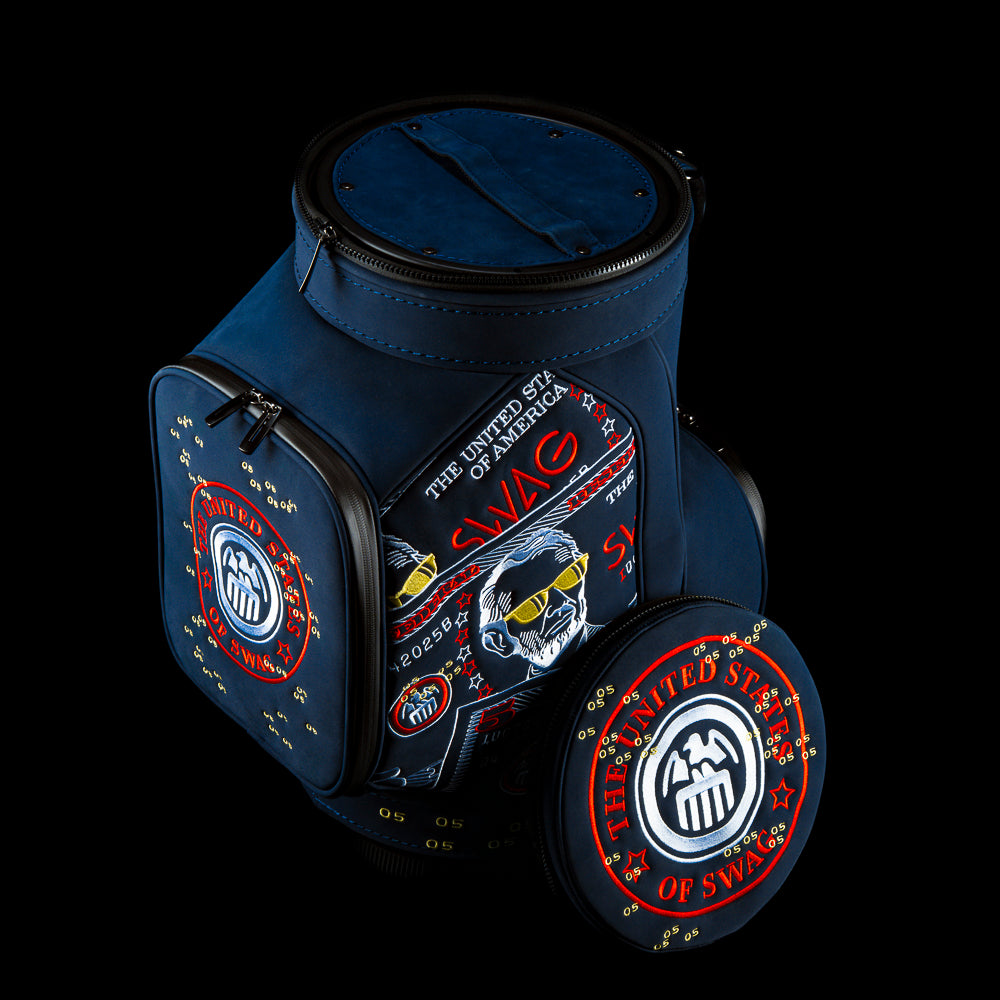 RWB Lincoln Den Caddy insulated cooler blue bag featuring embroidered $5 bill graphics and United States of SWAG emblem.