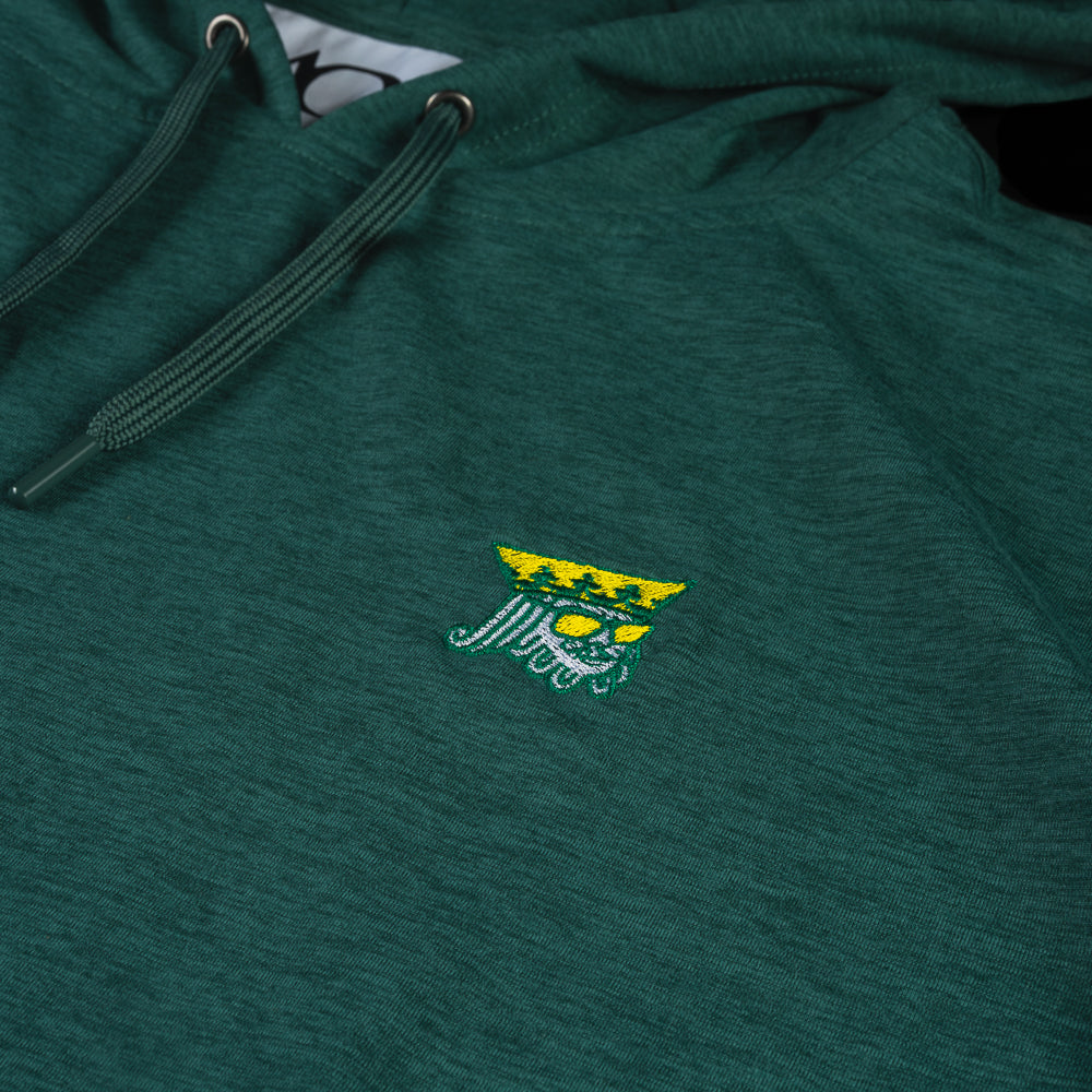 SWAG Golf x AndersonOrd green heather men's long sleeve golf hoodie with king embroidered detail on left chest.