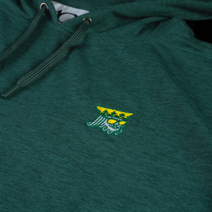 SWAG Golf x AndersonOrd green heather men's long sleeve golf hoodie with king embroidered detail on left chest.