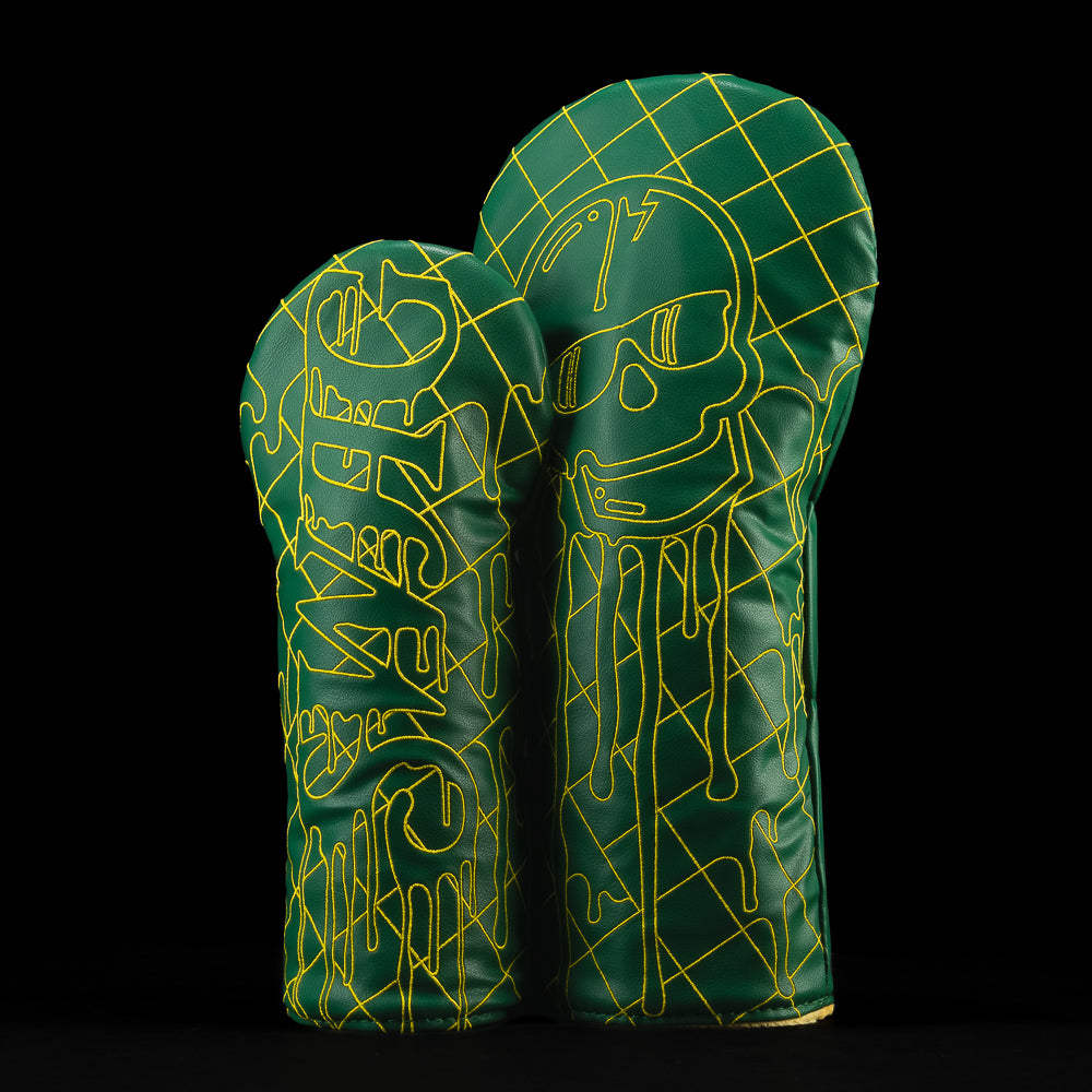SWAG Golf green and yellow driver/fairway golf headcover set with melting quilt effect. Made in the USA.