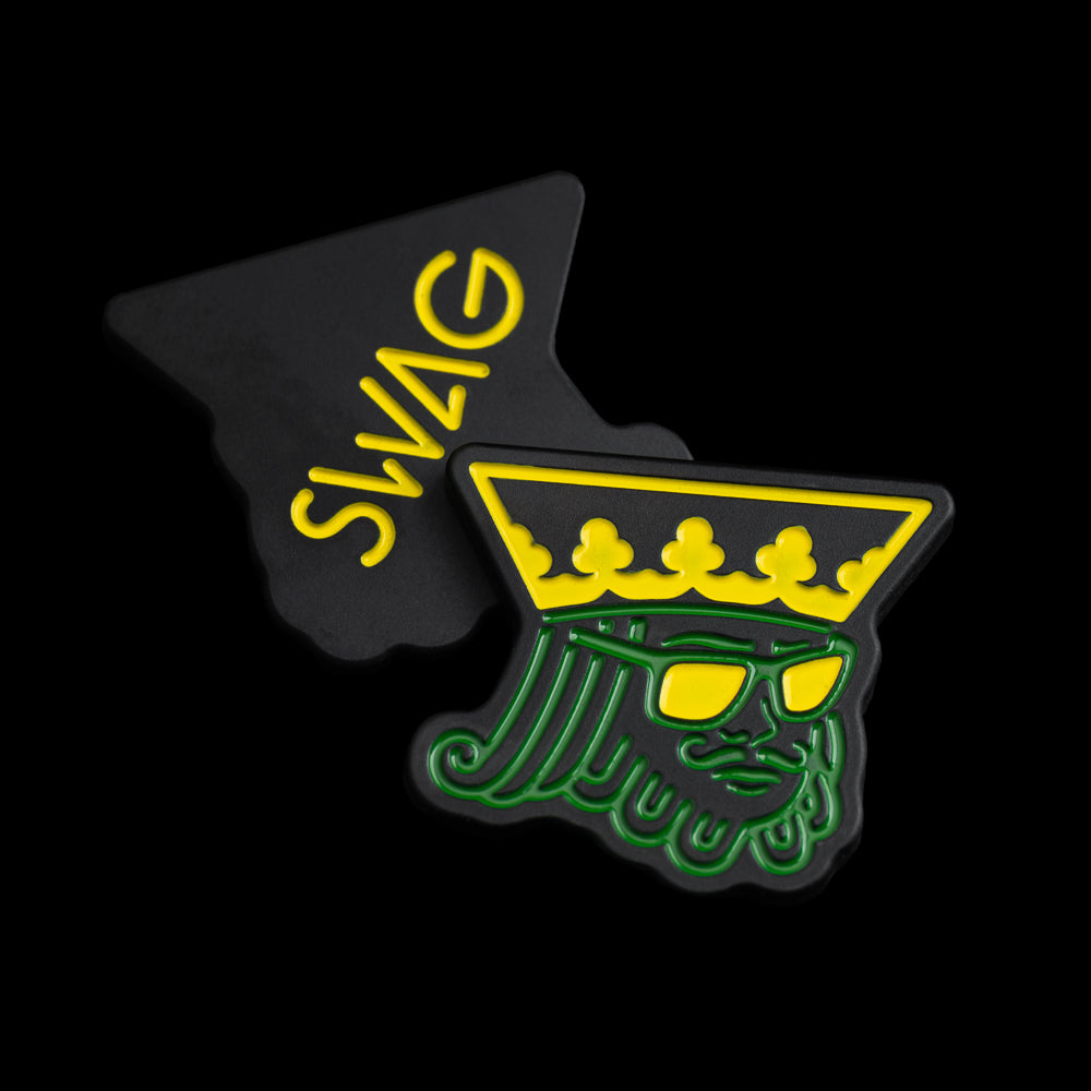 SWAG Invitational black cerakote with green and yellow paint fill king themed stainless steel golf ball marker