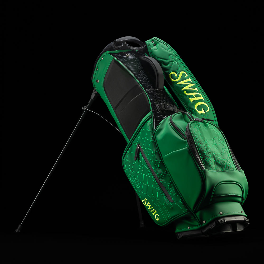 SWAG Golf quilted melt green, black, and yellow golf stand bag.