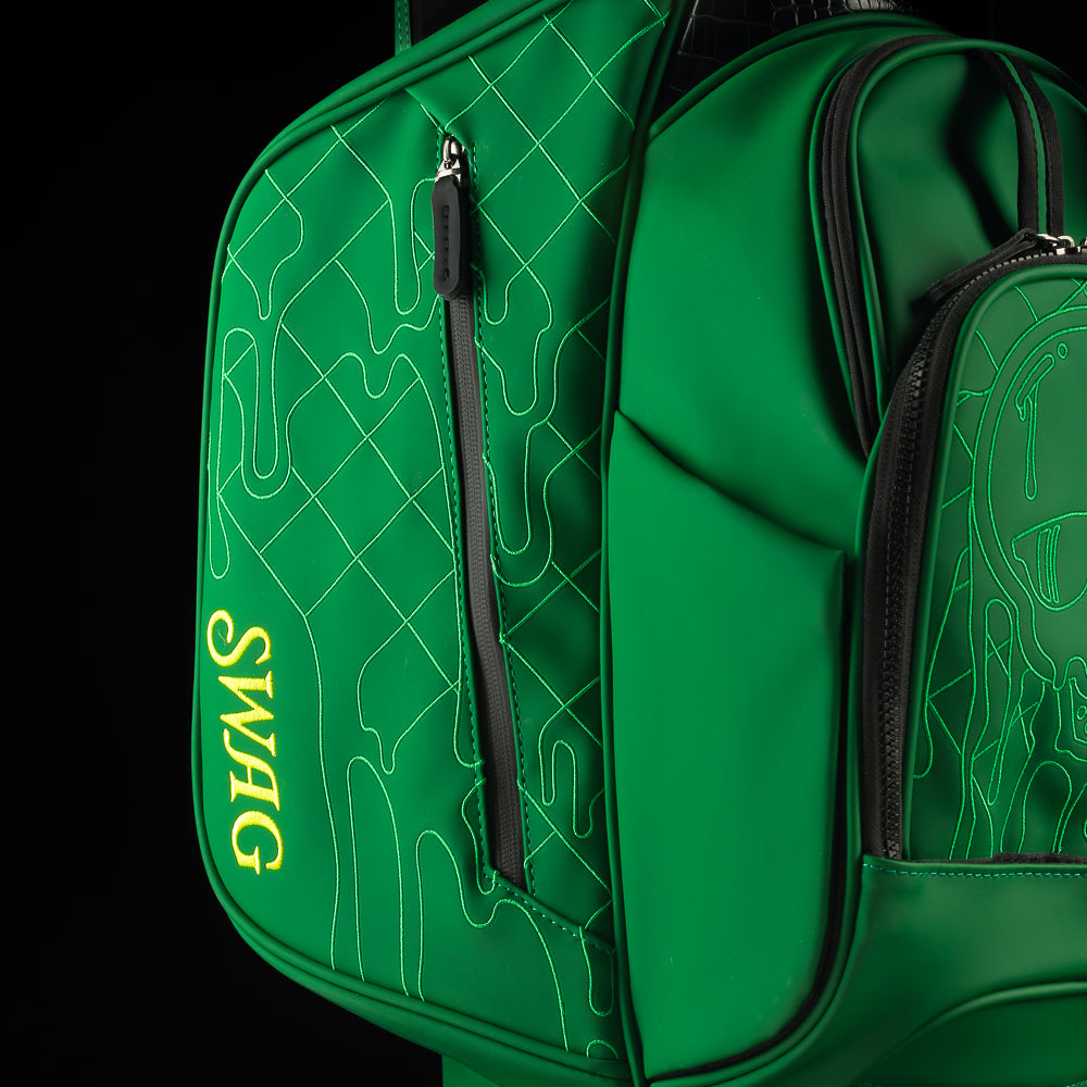 SWAG Golf quilted melt green, black, and yellow golf stand bag.