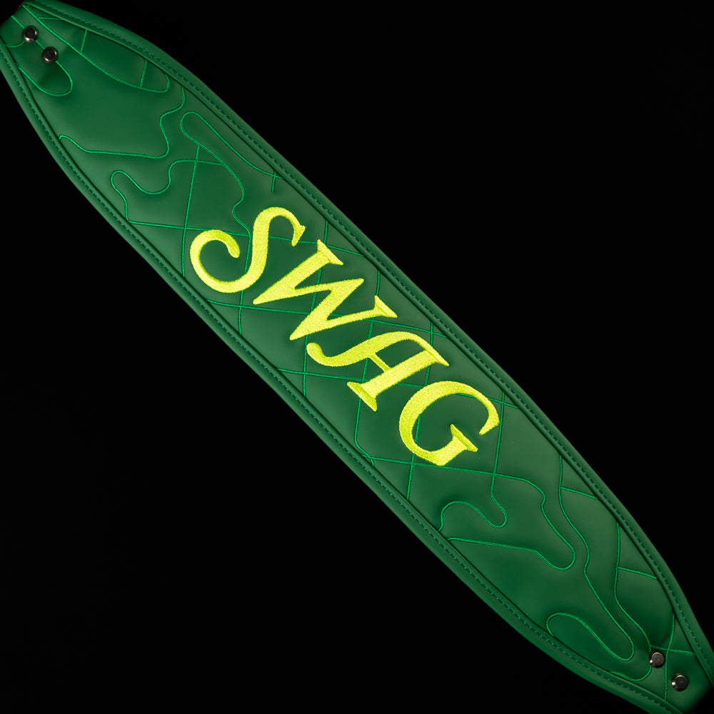 SWAG Golf quilted melt green, black, and yellow golf stand bag.