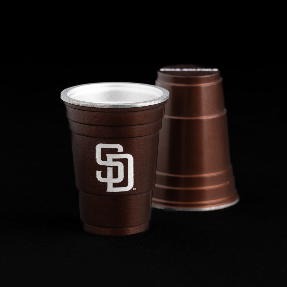 Brown flip cup ball marker with the San Diego Padres logo.