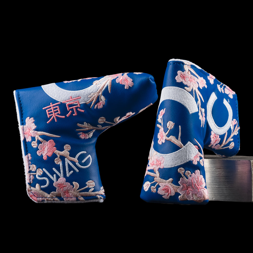 SWAG Golf officially licensed MLB Chicago Cubs cherry blossom themed blue, white, and pink blade putter golf headcover.