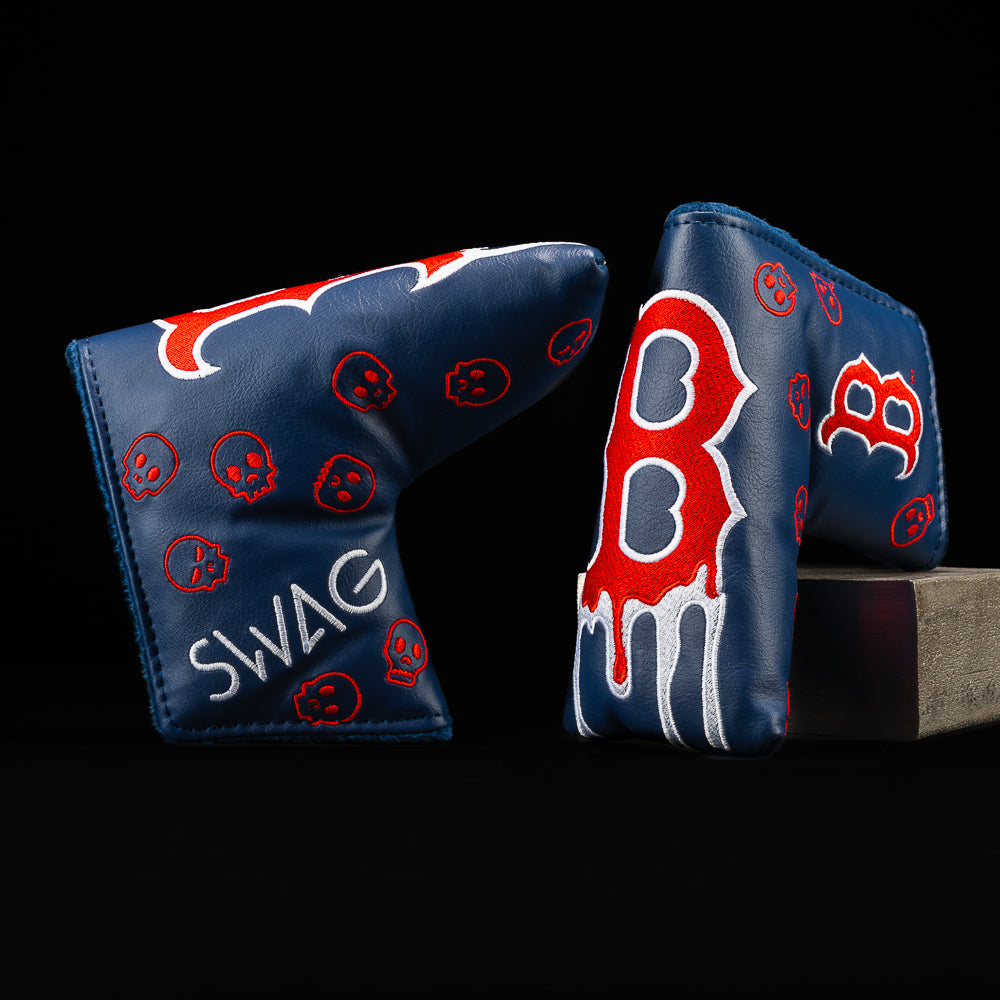 SWAG Golf x MLB officially licensed Boston Red Sox navy and red blade putter golf headcover.