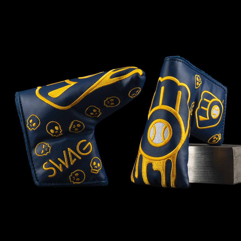 SWAG Golf x MLB officially licensed Milwaukee Brewers drip navy and yellow blade golf headcover.