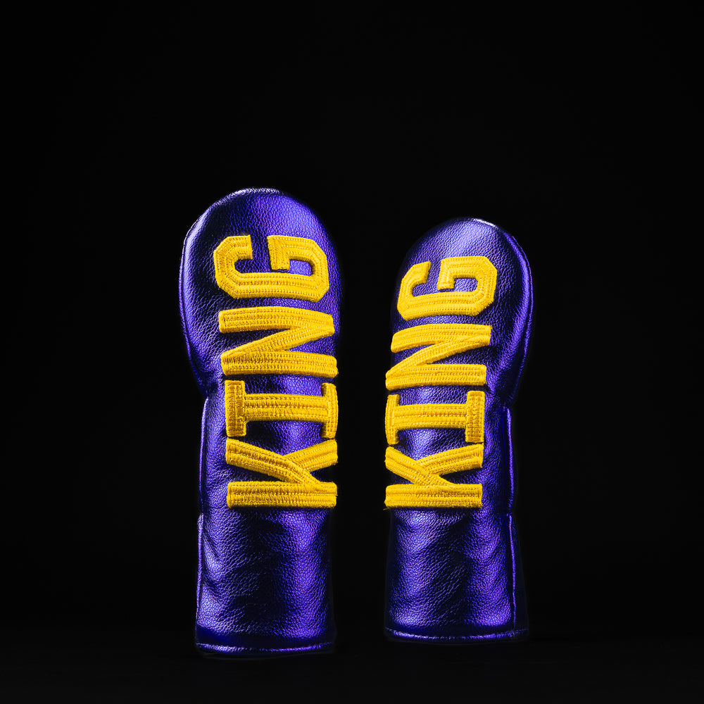 SWAG Golf basketball KING themed small talk hybrid golf headcover with purple and yellow letters.