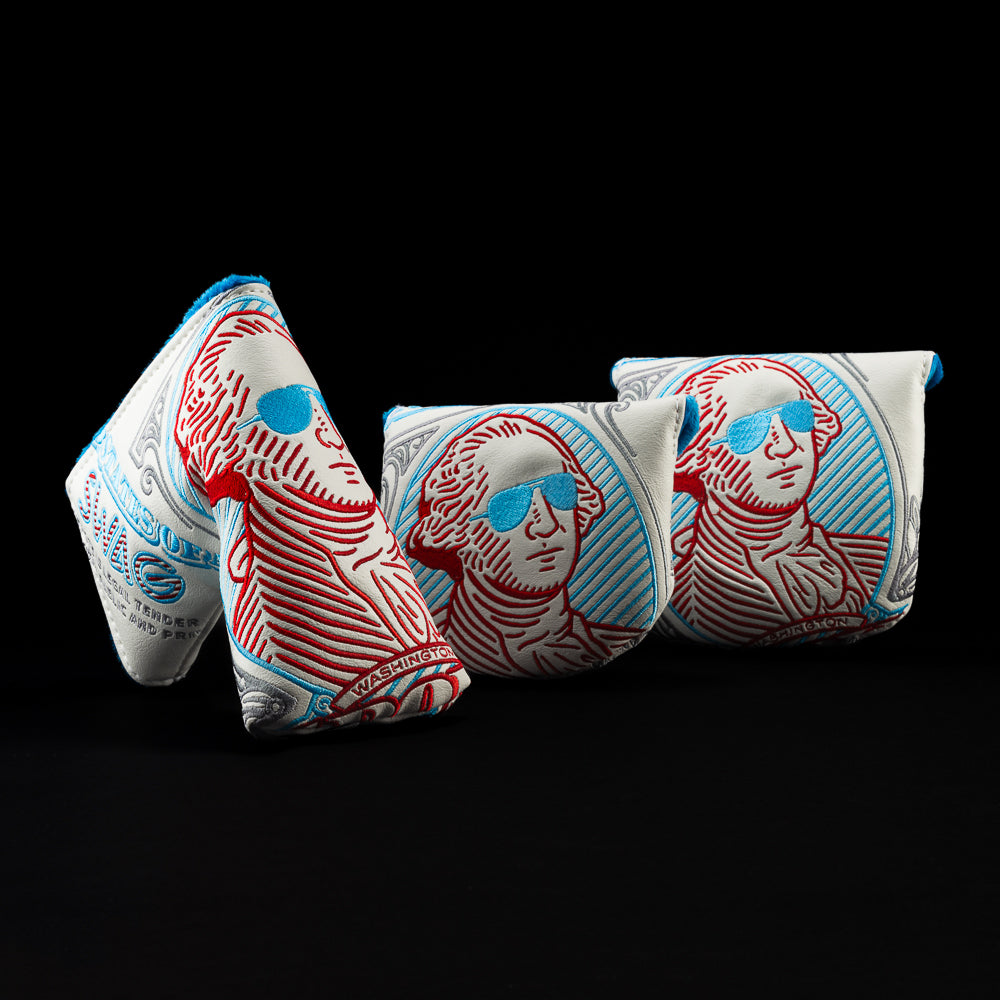 White Gigantic George with red, and blue blade golf club headcover.