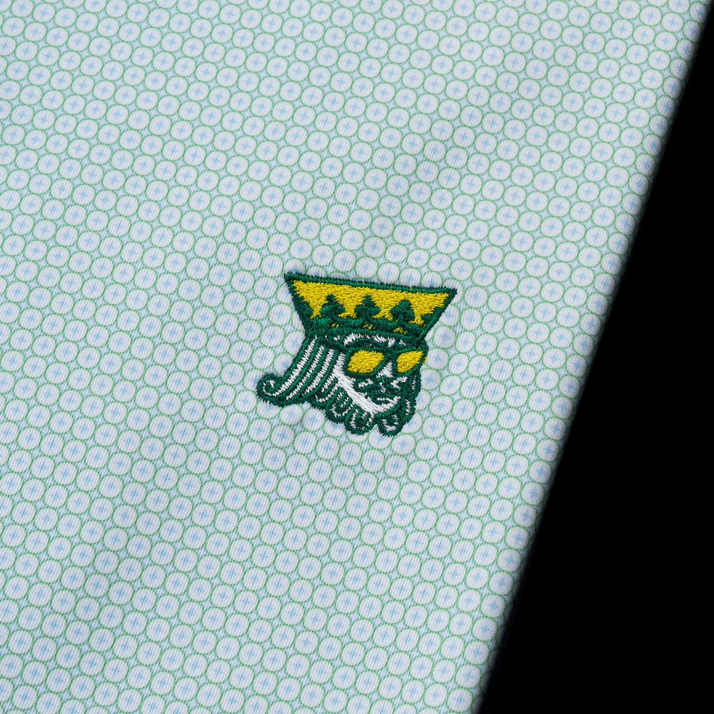 Peter Millar x SWAG Golf men's short sleeve green and blue geo print performance golf polo shirt.