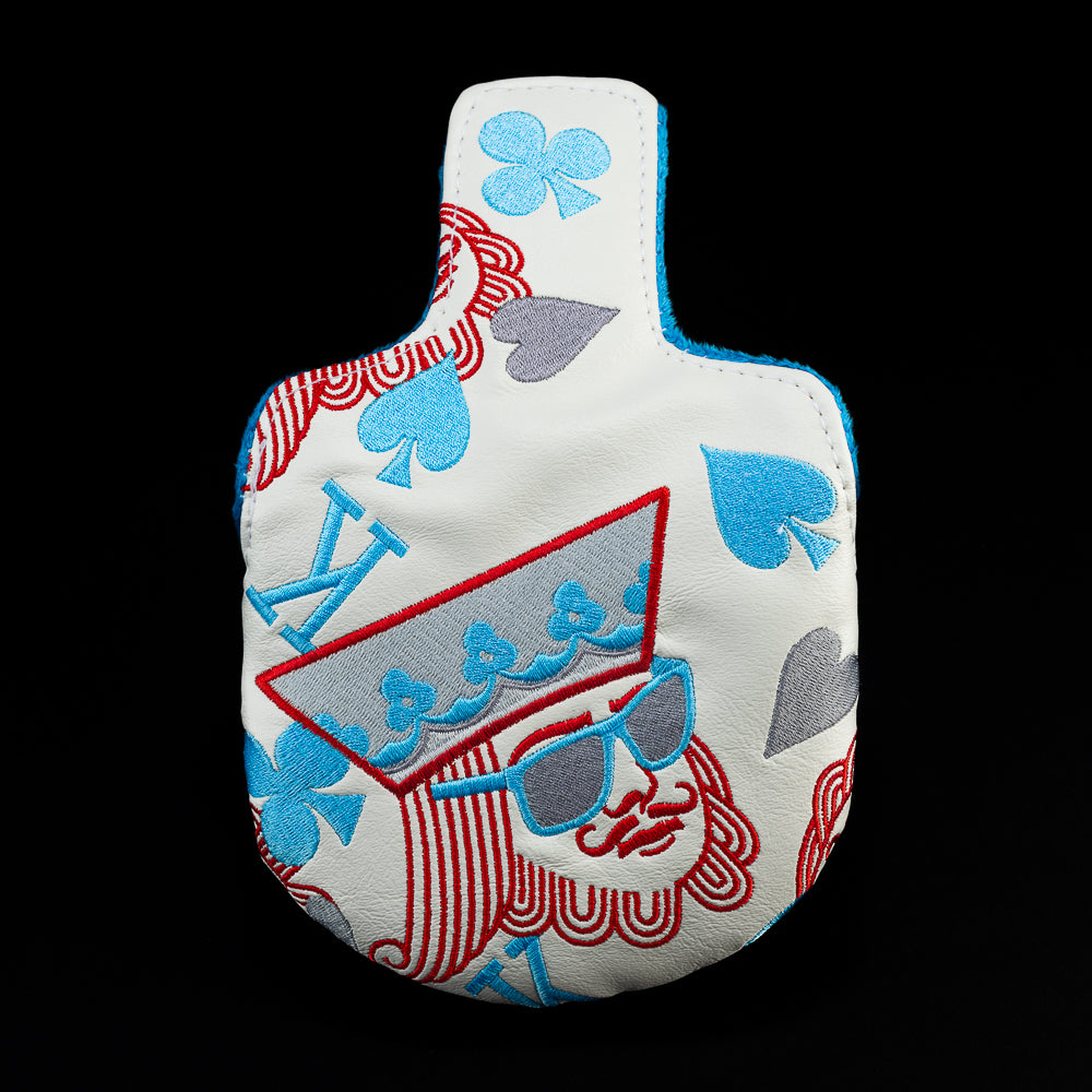 White with silver and blue Poker King mid mallet  head cover.