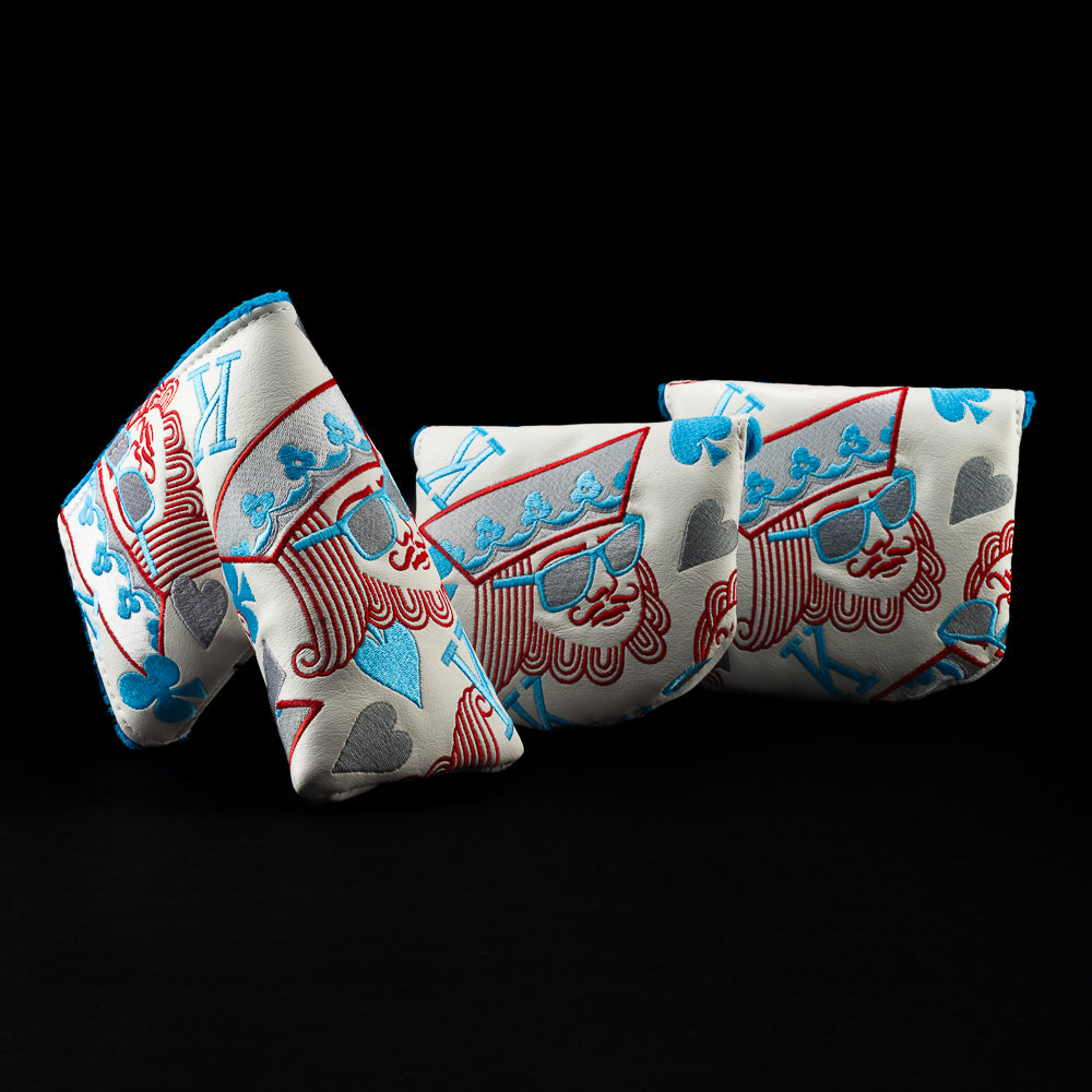 White with silver and blue Poker King mid mallet  head cover.