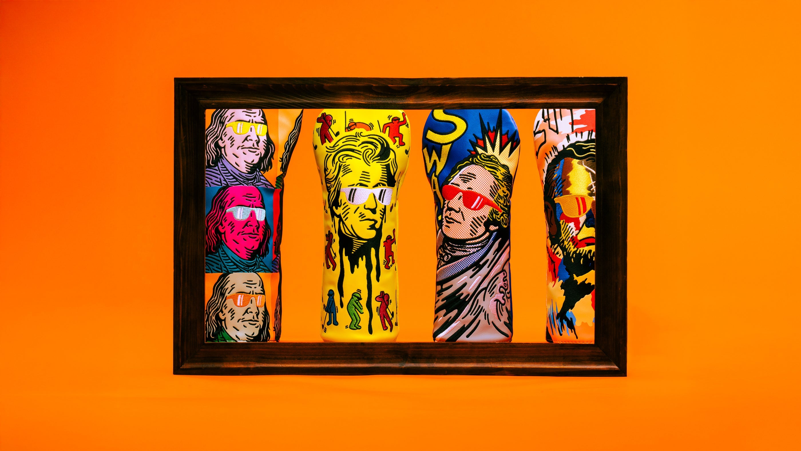 SWAG Golf Presidents' Day 2025 collection featuring golf headcovers, putters, bags, and accessories.