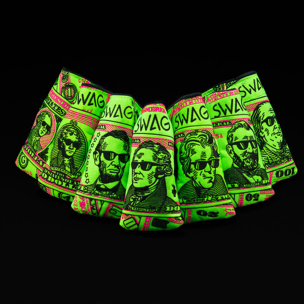 SWAG Golf Almighty Dollar green currency themed blade golf headcover grab bag.