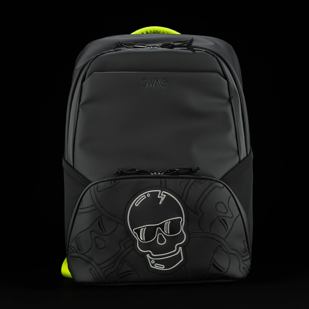 SWAG Golf black stacked skulls backpack with neon yellow straps.