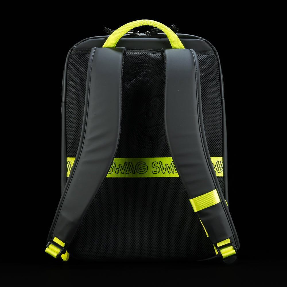 SWAG Golf black stacked skulls backpack with neon yellow straps.