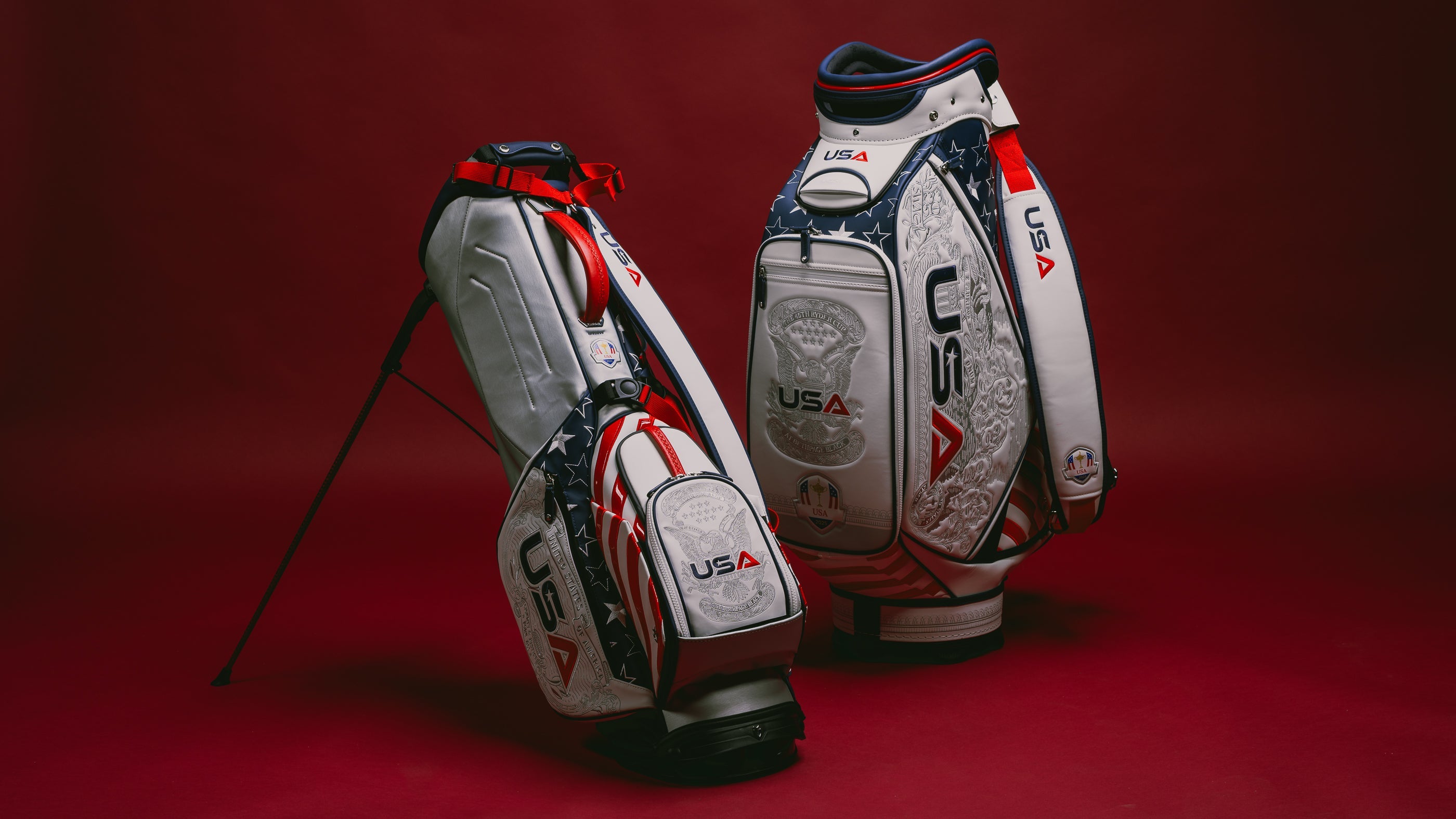 Ryder Cup Official x SWAG Golf limited edition collection pre-order featuring Vessel golf staff and stand bags.