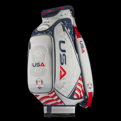 SWAG Golf x Official Ryder Cup 2024 Team Vessel Prime Staff 2.0 golf bag. Featuring a red, white, and blue USA design.