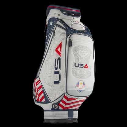 SWAG Golf x Official Ryder Cup 2024 Team Vessel Prime Staff 2.0 golf bag. Featuring a red, white, and blue USA design.