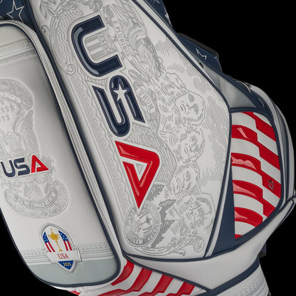 SWAG Golf x Official Ryder Cup 2024 Team Vessel Prime Staff 2.0 golf bag. Featuring a red, white, and blue USA design.