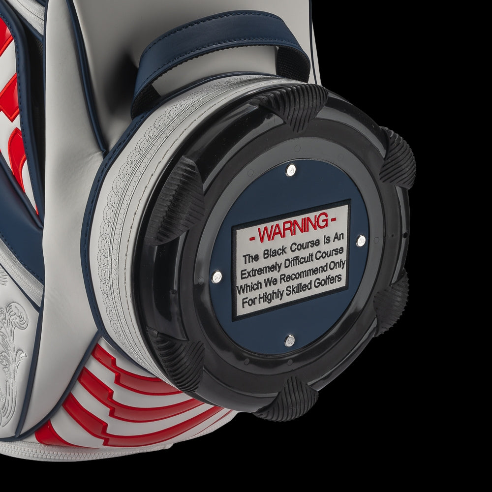 SWAG Golf x Official Ryder Cup 2024 Team Vessel Prime Staff 2.0 golf bag. Featuring a red, white, and blue USA design.